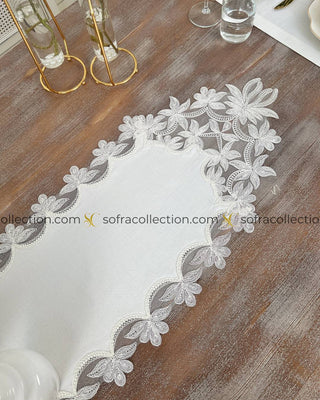 Dina Design Table Runner and Placemat Sets - 13 Pieces - Off White Fabric and Lace