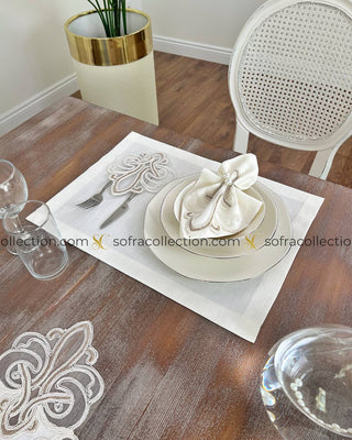 Viento Design Table Runner, Placemat, and Napkin Sets - 37 Pieces - Off White Fabric and Cream Lace