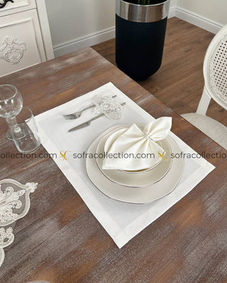 Garden Design Table Runner, Placemat, and Napkin Sets - 37 Pieces - Off White Fabric and Silver Lace