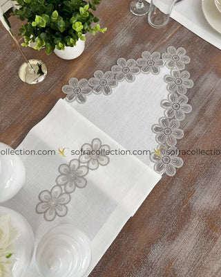 Fonya Design Table Runner and Placemat Sets - 13 Pieces - Off White Fabric and Silver Lace