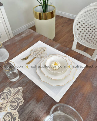 Viento Design Table Runner and Placemat Sets - 13 Pieces - Off White Fabric and Gold Lace