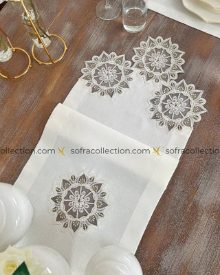 Gunes Design Table Runner, Placemat, and Napkin Sets - 37 Pieces - Off White Fabric and Gold Lace