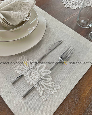 Mona Design Table Runner, Placemat, and Napkin Sets - 37 Pieces - Shine Stone Fabric and Off White Lace