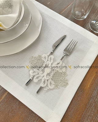 Safir Design Table Runner, Placemat, and Napkin Sets - 37 Pieces - Off White Fabric and Silver Lace