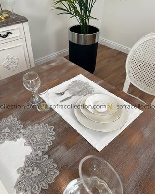 Shahmaran Design Table Runner and Placemat Sets - 13 Pieces - Off White Fabric and Silver Lace