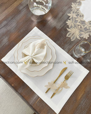 Dina Design Table Runner, Placemat, and Napkin Sets - 37 Pieces - Off White Fabric and Gold Lace