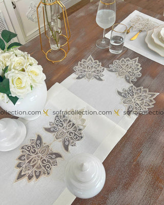 Anka Design Table Runner and Placemat Sets - 13 Pieces - Off White Fabric and Gold Lace