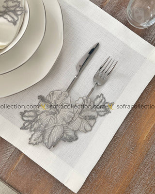 Zoya Design Table Runner, Placemat, and Napkin Sets - 37 Pieces - Off White Fabric and Silver Lace