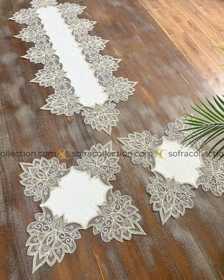 Anka Design Decorative Cover Sets - 5 Pieces - Off White Fabric and Gold Lace