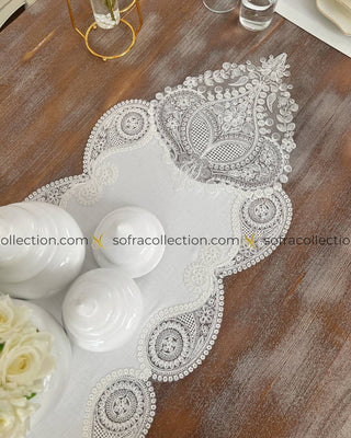 Salkim Design Table Runner, Placemat, and Napkin Sets - 37 Pieces - Off White Fabric and Lace