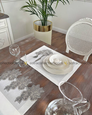 Zoya Design Table Runner and Placemat Sets - 13 Pieces - Off White Fabric and Silver Lace