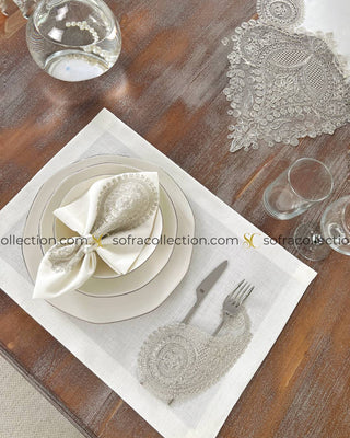 Salkim Design Table Runner, Placemat, and Napkin Sets - 37 Pieces - Off White Fabric and Platinum Lace