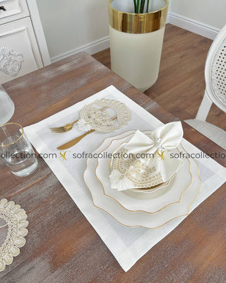 Nida Design Table Runner, Placemat, and Napkin Sets - 37 Pieces - Off White Fabric and Gold Lace