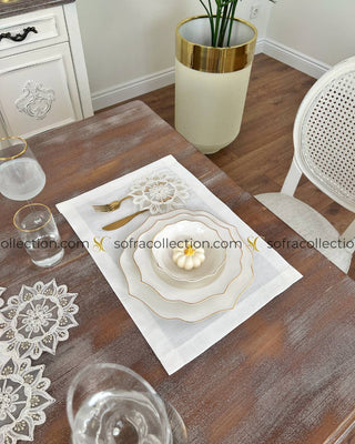 Gunes Design Table Runner and Placemat Sets - 13 Pieces - Off White Fabric and Gold Lace