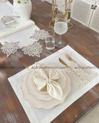 Anka Design Table Runner, Placemat, and Napkin Sets - 37 Pieces - Off White Fabric and Gold Lace