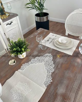 Mona Design Table Runner and Placemat Sets - 13 Pieces - Shine Stone Fabric and Off White Lace