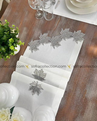 Autumn Design Table Runner and Placemat Sets - 13 Pieces - Off White Fabric and Silver Lace