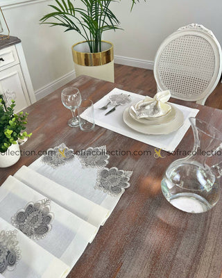 Valent Design Table Runner, Placemat, and Napkin Sets - 37 Pieces - Off White Fabric and Silver Lace