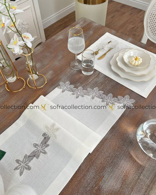 Zenya Design Table Runner and Placemat Sets - 13 Pieces - Off White Fabric and Lace