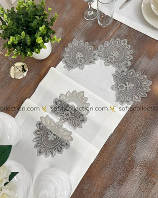 Shahmaran Design Table Runner, Placemat, and Napkin Sets - 37 Pieces - Off White Fabric and Silver Lace