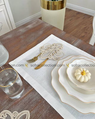 Viento Design Table Runner and Placemat Sets - 13 Pieces - Off White Fabric and Gold Lace