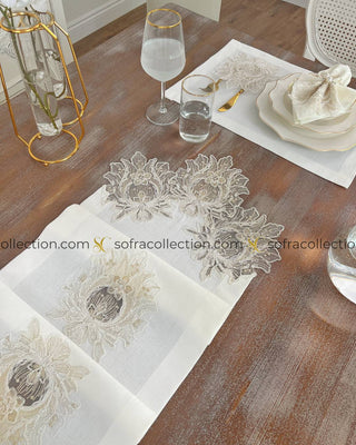 Taj Mahal Design Table Runner, Placemat, and Napkin Sets - 37 Pieces - Off White Fabric and Gold Lace