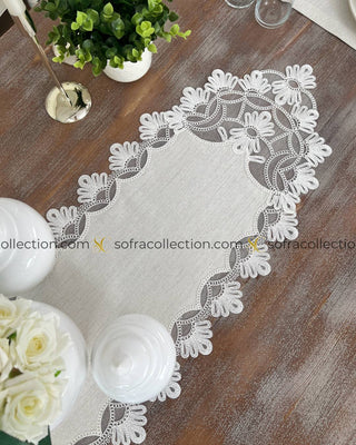 Sofia Design Table Runner, Placemat, and Napkin Sets - 37 Pieces - Shine Stone Fabric and Off White Lace