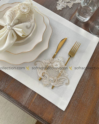 Victoria Design Table Runner, Placemat, and Napkin Sets - 37 Pieces - Off White Fabric and Gold Lace