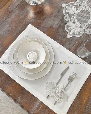 Garden Design Table Runner and Placemat Sets - 13 Pieces - Off White Fabric and Silver Lace