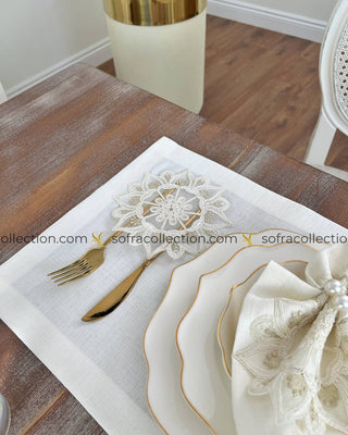 Gunes Design Table Runner, Placemat, and Napkin Sets - 37 Pieces - Off White Fabric and Gold Lace