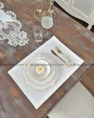 Zahira Design Table Runner and Placemat Sets - 13 Pieces - Off White Fabric and Silver Lace