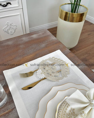 Nida Design Table Runner, Placemat, and Napkin Sets - 37 Pieces - Off White Fabric and Gold Lace