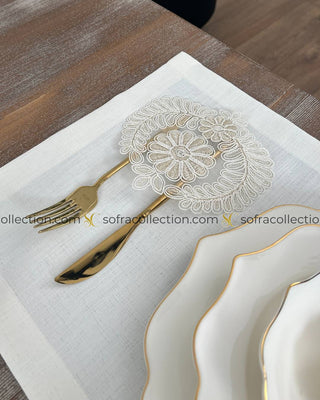 Helen Design Table Runner, Placemat, and Napkin Sets - 37 Pieces - Off White Fabric and Gold Lace