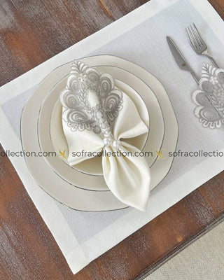 Valent Design Table Runner, Placemat, and Napkin Sets - 37 Pieces - Off White Fabric and Silver Lace