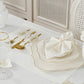 طقم مفارش سفرة كامل مزين بدانتيل ذهبى وأوف وايت - موديل سفير  – ٣٨ قطعة – ١٢ شخص - قماش كتان مقاوم للبقع