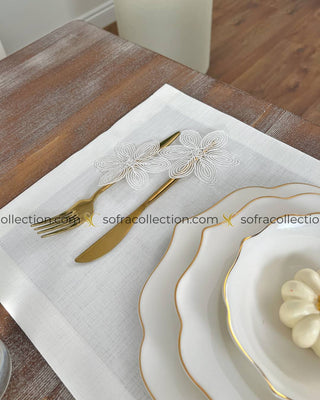 Zenya Design Table Runner and Placemat Sets - 13 Pieces - Off White Fabric and Lace