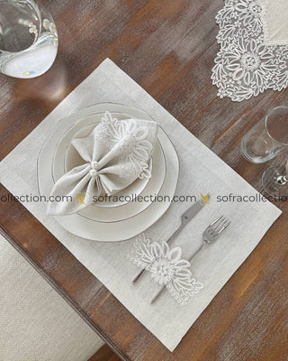 Mona Design Table Runner, Placemat, and Napkin Sets - 37 Pieces - Shine Stone Fabric and Off White Lace