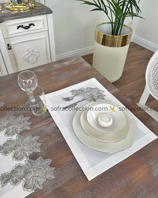 Zoya Design Table Runner and Placemat Sets - 13 Pieces - Off White Fabric and Silver Lace