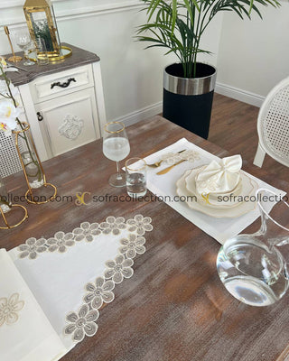 Fonya Design Table Runner, Placemat, and Napkin Sets - 37 Pieces - Off White Fabric and Gold Lace