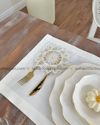 Gunes Design Table Runner and Placemat Sets - 13 Pieces - Off White Fabric and Gold Lace