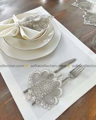 Valent Design Table Runner, Placemat, and Napkin Sets - 37 Pieces - Off White Fabric and Silver Lace