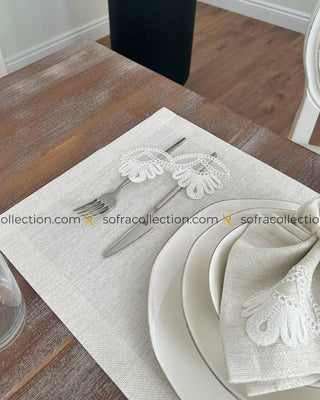 Sofia Design Table Runner, Placemat, and Napkin Sets - 37 Pieces - Shine Stone Fabric and Off White Lace