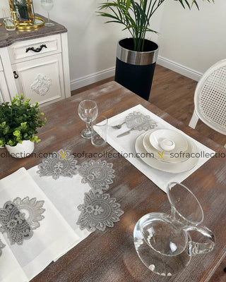 Shahmaran Design Table Runner and Placemat Sets - 13 Pieces - Off White Fabric and Silver Lace