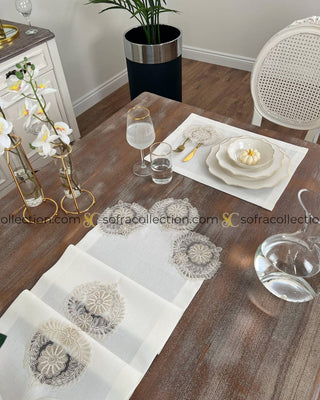 Helen Design Table Runner and Placemat Sets - 13 Pieces - Off White Fabric and Gold Lace