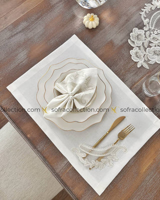 Zahira Design Table Runner, Placemat, and Napkin Sets - 37 Pieces - Off White Fabric and Silver Lace