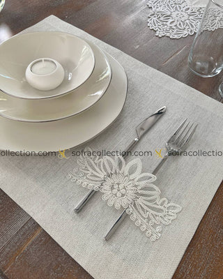 Mona Design Table Runner and Placemat Sets - 13 Pieces - Shine Stone Fabric and Off White Lace