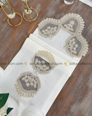 Nida Design Table Runner, Placemat, and Napkin Sets - 37 Pieces - Off White Fabric and Gold Lace